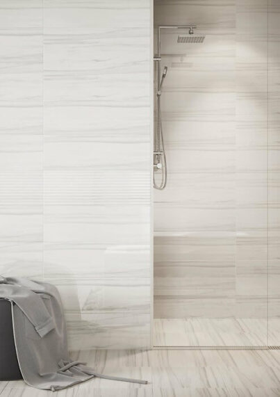 Artistic way - bathroom with grey-white stone tiles