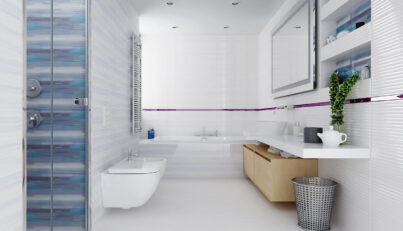 Modern bathroom interior in white and blue