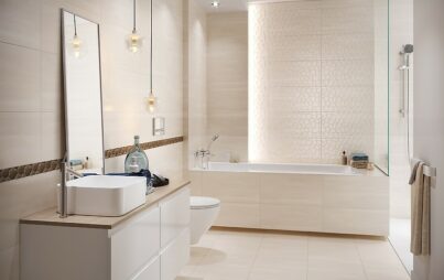 Cream stucco tiles for bathroom interior