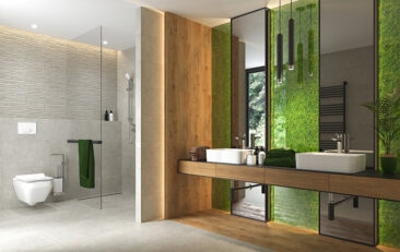 Modern bathroom interior - wood, green and grey colors