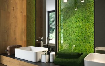 Fresh Moss - wood wall tiles in combination with glass printed tiles