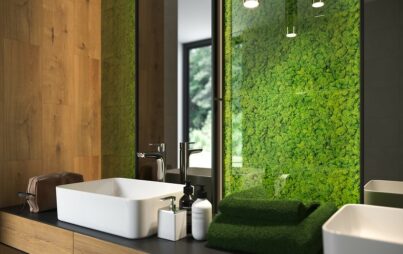 Fresh Moss - wood wall tiles in combination with glass printed tiles