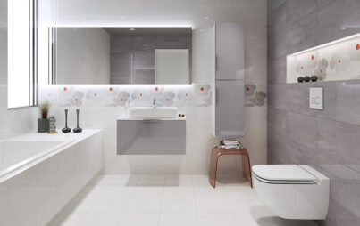Glossy ceramic tiles in white and grey for walls and flooring