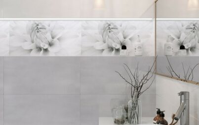 Grey bathroom design with flower motif