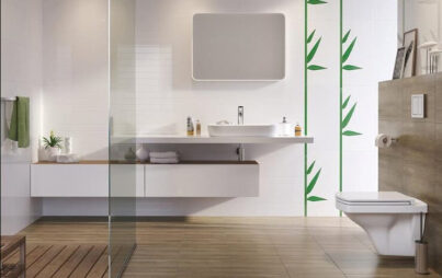 Modern bathroom interior with wood and white tiles