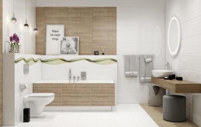 Bathroom with wood tiles decoration