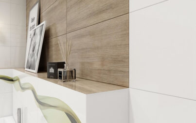 Stylish bathroom design in wood and white with abstract accents