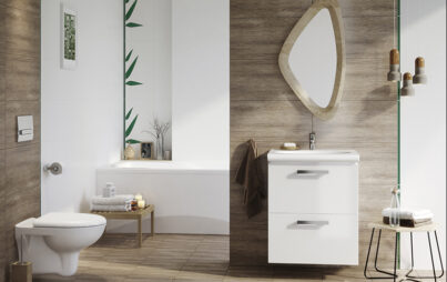 Wood grain wall and floor tiles for modern bathroom