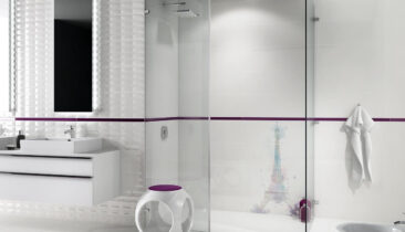 White bathroom with violet border tiles in French style