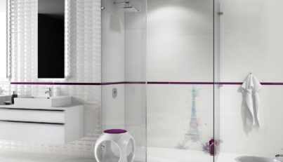 White bathroom with violet border tiles in French style