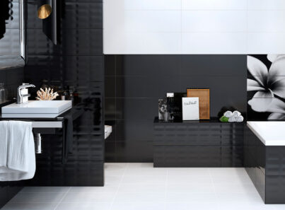PRET-A-PORTER bathroom with black brick tiles