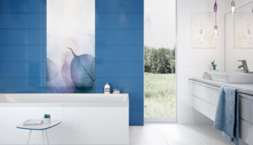 Vivid colors blue and white bathroom