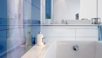 Bathroom in pastel blue and pure wwhite colors