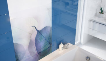 Blue and white bathroom design with floral motif