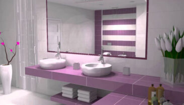 Violet and white ceramic tiles bathroom