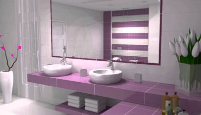 Violet and white ceramic tiles bathroom