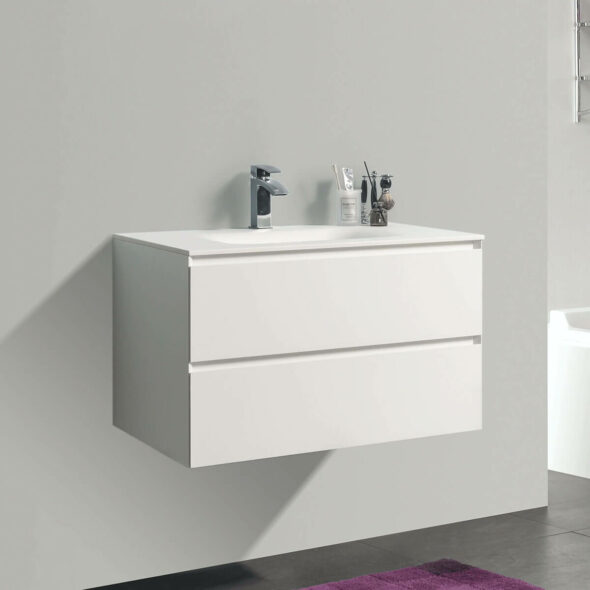 Double Drawer 34-inch Wall Hung Bathroom Vanity with White Bowl Basin, Matte White