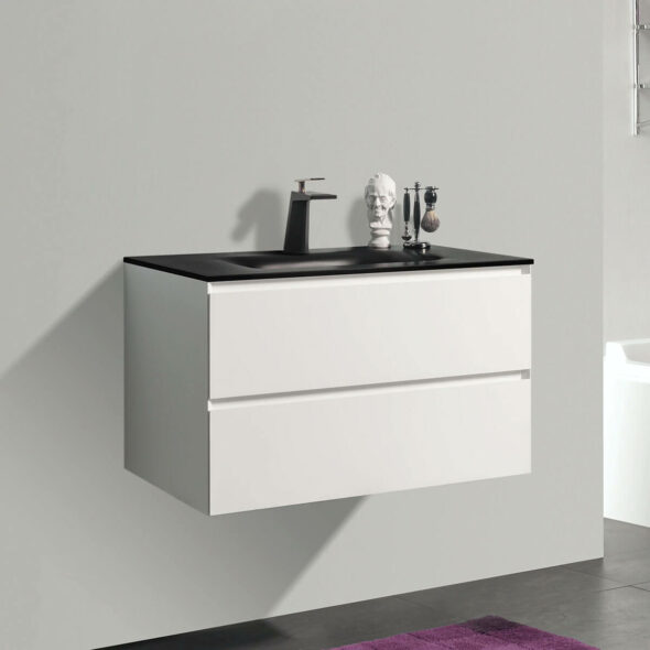 Double Drawer 34-inch Wall Hung Bathroom Vanity with Black Bowl Basin, Matte White