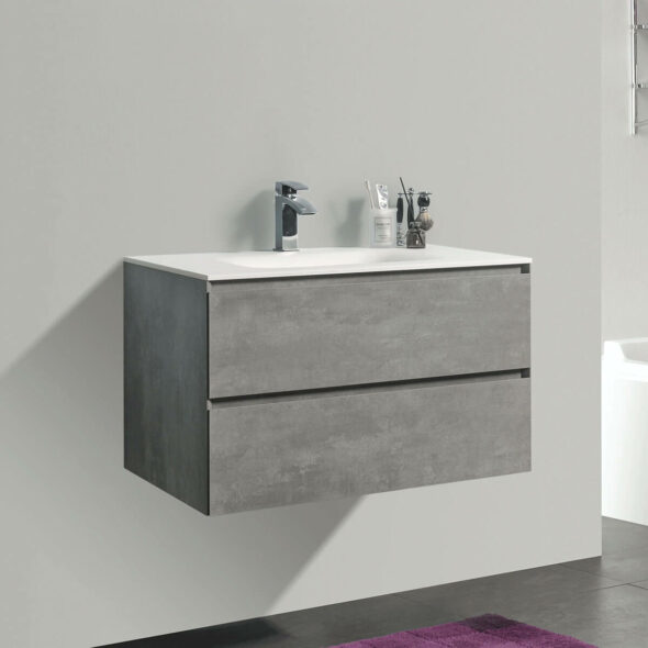 Double Drawer 34-inch Wall Hung Bathroom Vanity with White Bowl Basin, Stone Grey