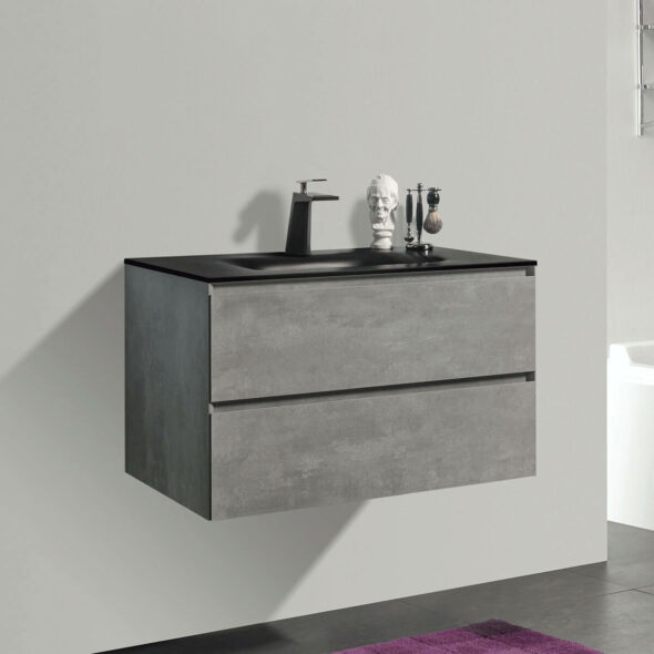 Double Drawer 34-inch Wall Hung Bathroom Vanity with Black Bowl Basin, Stone Grey