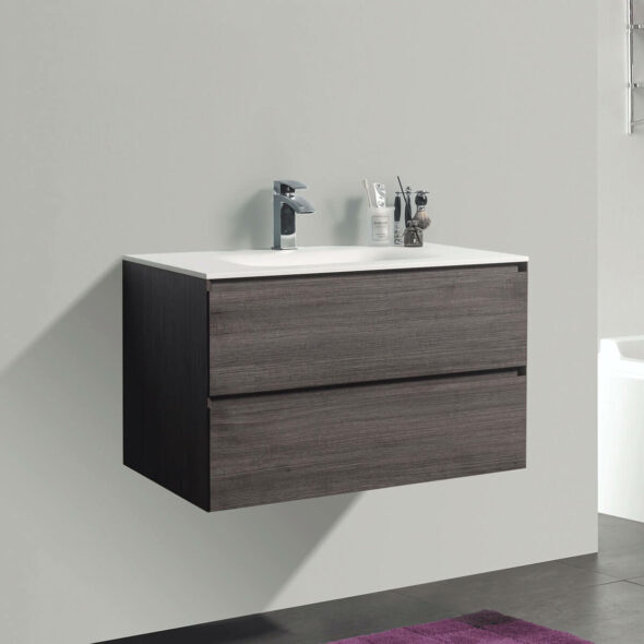 Double Drawer 34-inch Wall Hung Bathroom Vanity with White Bowl Basin, Graphite Wood