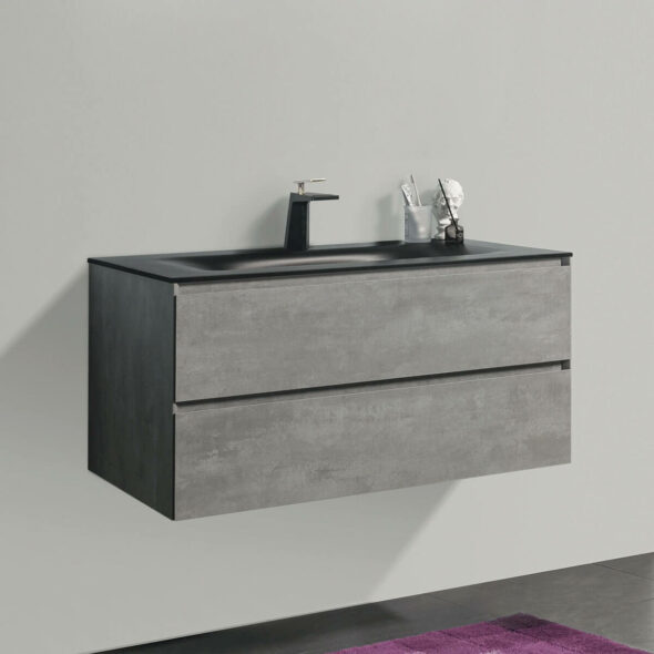 34-inch Double Drawer Wall Hung Bathroom Vanity with Black Bowl Basin, Stone Grey
