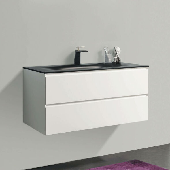 34-inch Double Drawer Wall Hung Bathroom Vanity with Black Bowl Basin, Matte White