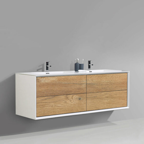 Wall Hung 59-inch Bathroom Vanity with Two Double Drawers, rough oak