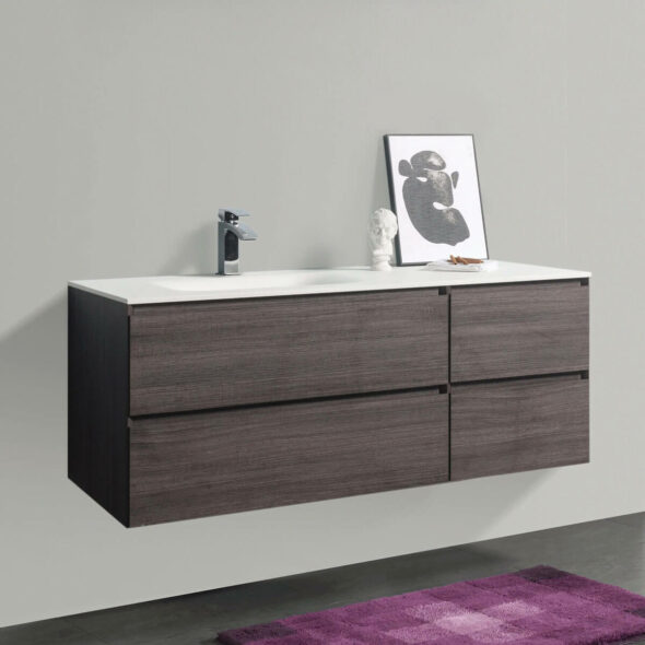 Wall Hung Vanity 52in 0828, graphite wood finish, white basin