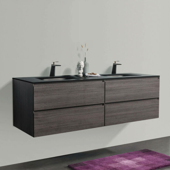 68-inch Graphite Wood Double Drawer Wall Hung Bathroom Vanity with black bowl
