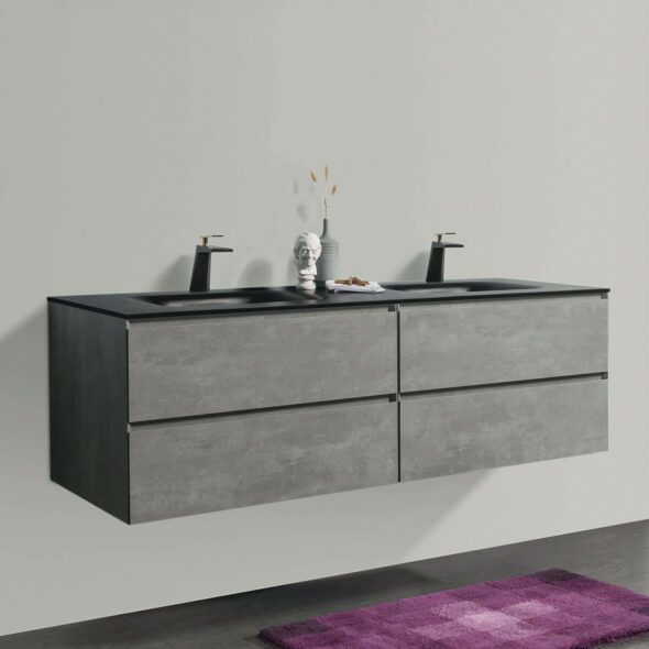 68-inch Stone Grey Double Drawer Wall Hung Bathroom Vanity, black bowl