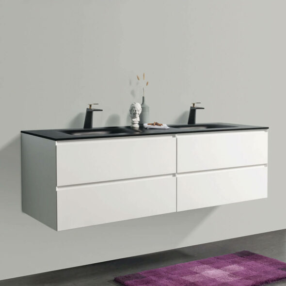 68-inch Matte White Double Drawer Wall Hung Bathroom Vanity, black bowl