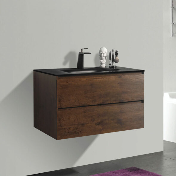 34-inch Double Drawer Wall Hung Bathroom Vanity, Rose Wood, Matte Black Basin