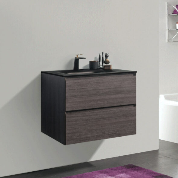 Double Drawer Wall Hung 26-inch Bathroom Vanity, Graphite Wood with Black Bowl