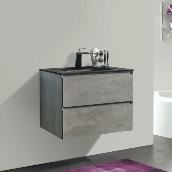 26-inch Wall Hung Double Drawer Bathroom Vanity, Stone Grey with Black Bowl