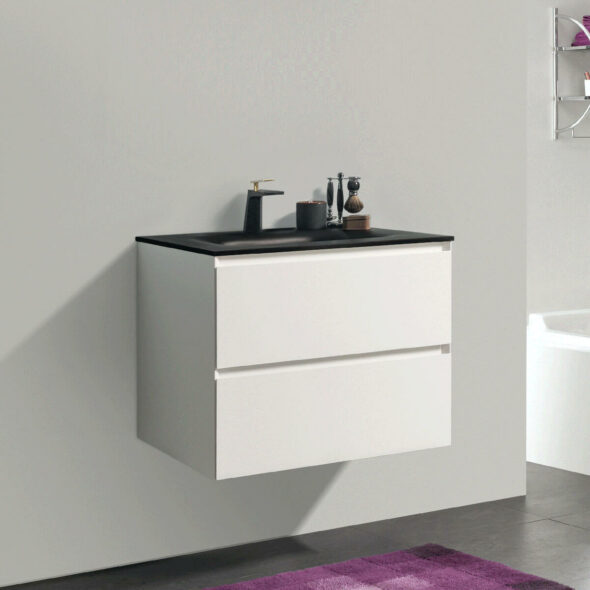 26-inch Wall Hung Double Drawer Bathroom Vanity, Matte White with Black Bowl