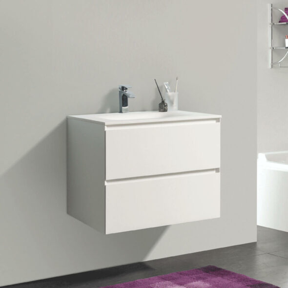 26-inch Wall Hung Double Drawer Bathroom Vanity, Matte White with White Bowl