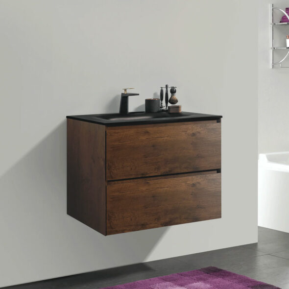 Wall Hung 26-inch Bathroom Vanity Rose Wood, Single Bowl Matte black Basin