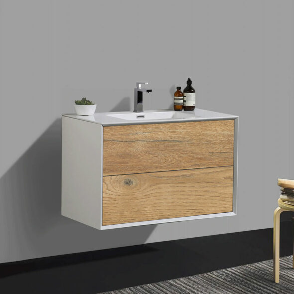 Contemporary Double Drawer Wall Hung Bathroom Vanity, Rough Oak Finish